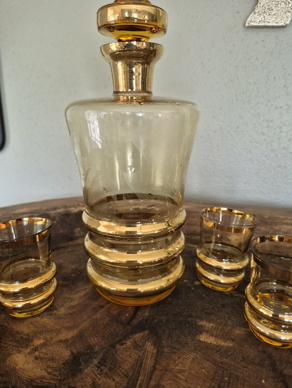 Vintage Decanter Set with MCM Vibes, Amber Glass